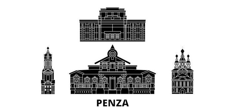Russia, Penza flat travel skyline set. Russia, Penza black city vector panorama, illustration, travel sights, landmarks, streets.