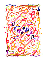Creative watercolor drawing. Bright colorful curly doodles.