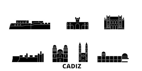 Spain, Cadiz flat travel skyline set. Spain, Cadiz black city vector panorama, illustration, travel sights, landmarks, streets. © iconsgraph