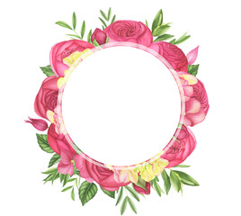 Frame with red roses, hydrangea and leaves, watercolor painting. For design cards, prints and textile.