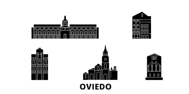 Spain, Oviedo flat travel skyline set. Spain, Oviedo black city vector panorama, illustration, travel sights, landmarks, streets.