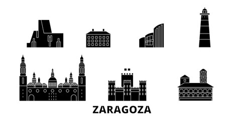 Spain, Zaragoza flat travel skyline set. Spain, Zaragoza black city vector panorama, illustration, travel sights, landmarks, streets.