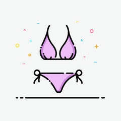 Swimwear icon in flat line style. Purple one piece swimsuit. Cute bikini pastel color for social media banner, summer poster and app icon design.