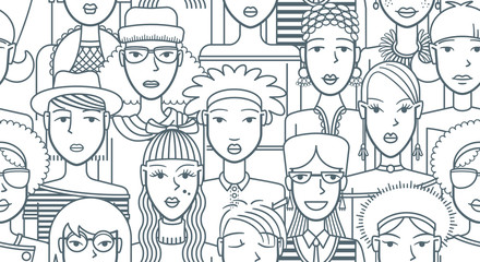 Fashion girls, seamless pattern. Seamless pattern made with a set of avatars of young women. The girls are drawn with simple thin lines.