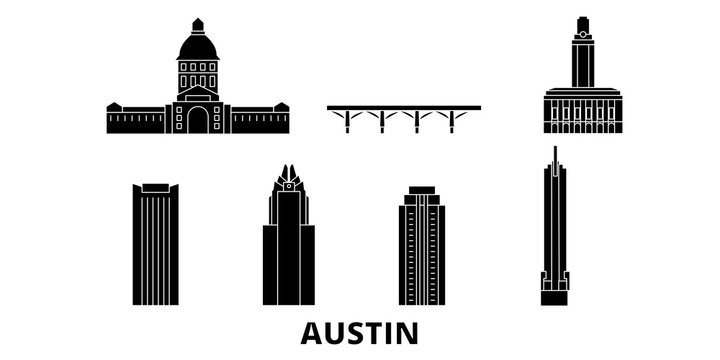 United States, Austin flat travel skyline set. United States, Austin black city vector panorama, illustration, travel sights, landmarks, streets.