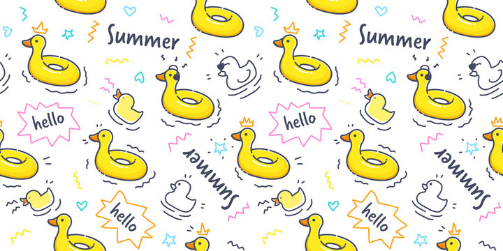 Duck rubber ring pattern seamless in pastel color. Duck swimming ring with cute hand drawn doodle summer element on white background for wallpaper, scrapbook, wrapping paper and kid fabric print.