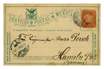 Mexican historical postal card: with an imprinted stamp three centavos, addressed to Hameln Germany, handwriting, cancellation 1896, Laredo, Mexico