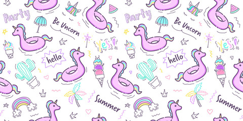 Unicorn rubber ring pattern seamless in pastel color. Unicorn swimming ring with cute hand drawn doodle summer element on white background for wallpaper, scrapbook, wrapping paper and kid fabric print