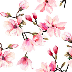 Beautiful lovely tender herbal wonderful floral summer pattern of a pink Japanese magnolia flowers watercolor hand illustration. Perfect for textile, wallpapers, invitation, wrapping paper, phone case