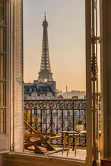 Printed roller blinds Beige beautiful paris balcony at sunset with eiffel tower view 