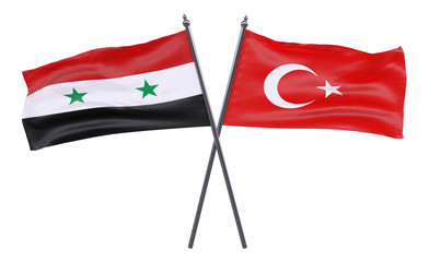 Syria and Turkey, two crossed flags isolated on white background. 3d image