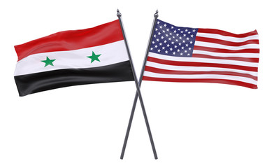 Syria and USA, two crossed flags isolated on white background. 3d image