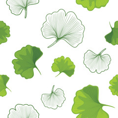 Ginkgo biloba leaves green and outlined. Seamless pattern for design
