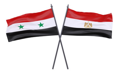 Syria and Egypt, two crossed flags isolated on white background. 3d image