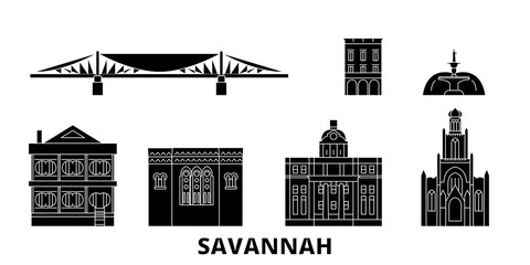 United States, Savannah flat travel skyline set. United States, Savannah black city vector panorama, illustration, travel sights, landmarks, streets.