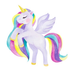 Watercolor illustration with cute unicorn