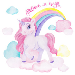 Watercolor illustration with cute unicorn © марина васильева