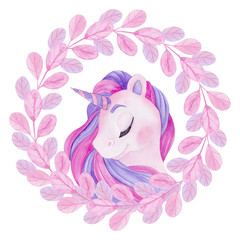 Watercolor illustration with cute unicorn © марина васильева