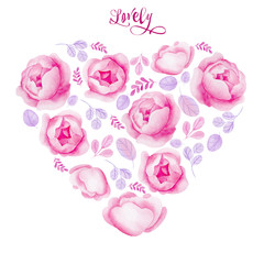 Watercolor illustration heart with flowers and leaves