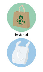 Jute bag instead plastic bag. Eco lifestyle. 3d vector illusration