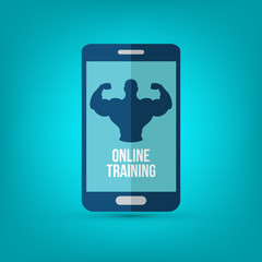 Mobile fitness. Fitness app - online fitness training icon with smartphone, flat design