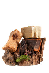 Handmade soap on the driftwood snag white background