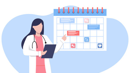 Friendly female doctor near the calendar. work schedule, make an appointment online. Vector illustration for banner, landing page