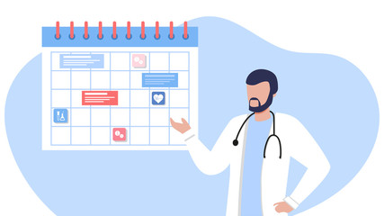 Friendly male doctor near the calendar. work schedule, make an appointment online. Vector illustration for banner, landing page
