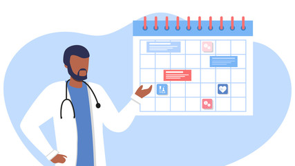 Friendly male afro american doctor near the calendar. work schedule, make an appointment online. Vector illustration for banner, landing page