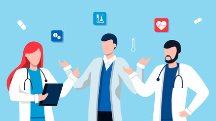 Male and feamle doctor talking. Healthcare services, Ask a doctor. Therapist in uniform with stethoscope. Gynecologist and urologist, medical team concept. Medical clinic staff.