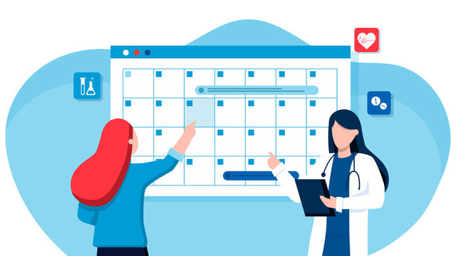 A woman makes an appointment with an online female doctor. On the calendar selects the desired date. calendar. work schedule, make an appointment online. Vector illustration for banner, landing page
