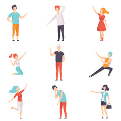 People pointing their finger in different directions set, faceless men and women characters gesturing vector Illustrations on a white background