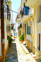 Narrow streets of Skopelos town, Greece