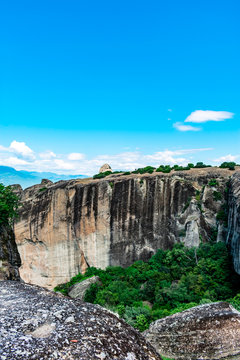 Metora - rock formation in central Greece. Beautiful scenery, sunny summer day with blue sky in the background.  Touristic destination