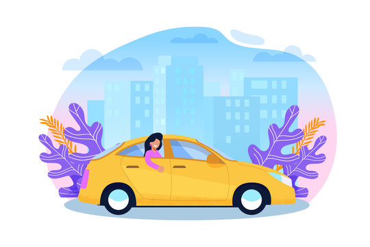 recommend clip art: Yellow Cab Service. Woman Tourist in Sedan Cartoon