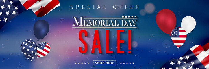 Banner for Memorial day sale design. Memorial day sign on a dark blue background with 3d percent symbol. Vector illustration for business promotion.