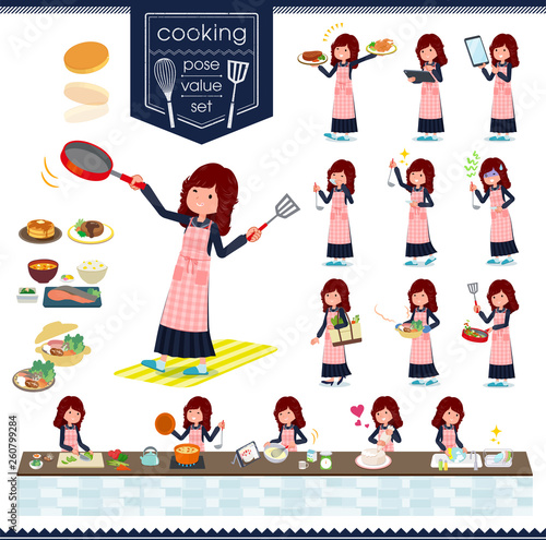 料理に関する不良ファッション女性のセット キッチンで様々な方法で調理をしているアクションがあります 編集が容易なベクターアートです Apron Wall Mural Apr Toyotoyo