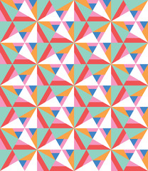 Abstract vector seamless pattern with different triangles and shapes. Modern mosaic texture in flat style. Multicolored stylized background with geometric shapes. Surface pattern design.