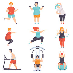 Fototapeta na wymiar Obesity people wearing sports uniform doing fitness exercises set, fat men and women doing sports, weight loss program concept vector Illustration on a white background