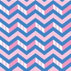 Seamless chevron stripes vector pattern in pink, white and blue. 3-d zigzag stripes pattern.