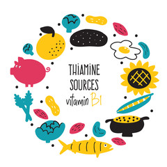 Vitamin B 1 food sources, thiamine. Vector cartoon illustration. Round composition.
