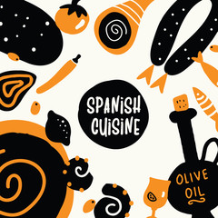 Spanish cuisine. Hand drawn illustration, made in vector. Menu template.