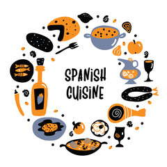 Spanish cuisine. Hand drawn vector food illustration in round composition with text space.