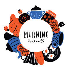 Hand drawn vector illustration of scandinavian food. Circle composition. Food menu template.