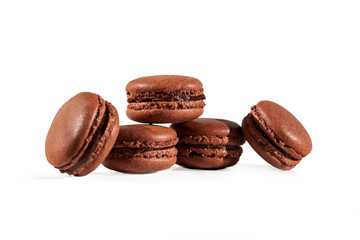 Sweet chocolate homemade macarons isolated on white background