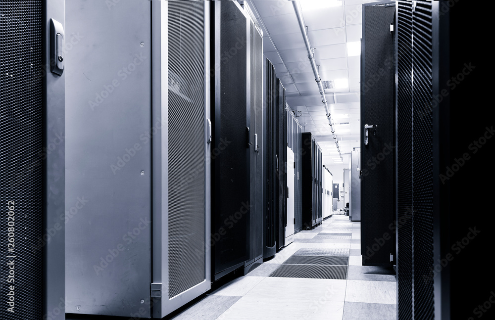 Aufkleber modern server room interior in big datacenter for exchanging cyber data, cloud computing and connect