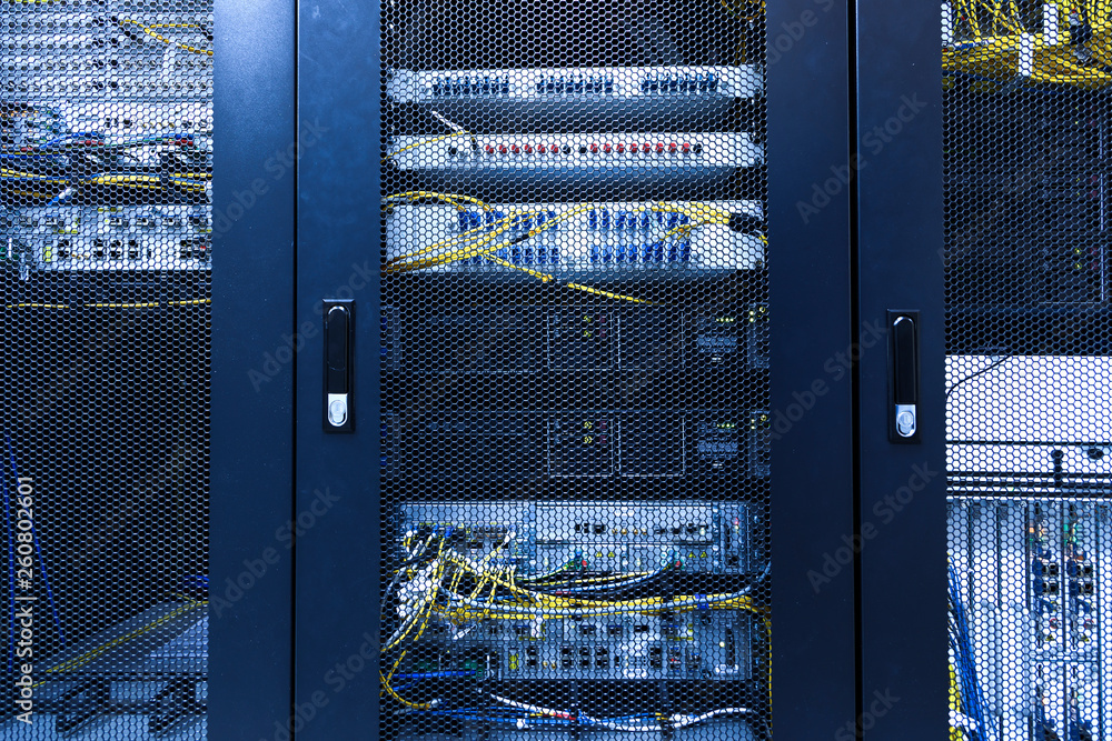 Poster technical wall of cellular data terminal in modern communication center. close up backhaul network e