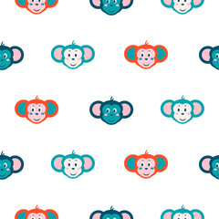 Seamless pattern with monkey on white background. Blue and red colors fun design.
