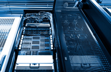 Cell equipment module of cellular data terminal at work. Radio station interior with technical row.