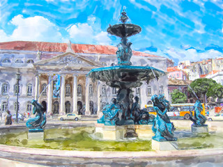 Fototapeta na wymiar Lisbon in portugal with place called Rossio in the district names Baixa. Water color illustration